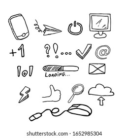 Conjunto de objetos en los medios sociales Doodle. Ilustración vectorial. Gráficos de cliente aislados en fondo blanco