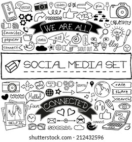 Doodle social media symbols and icons set. Vector illustration.