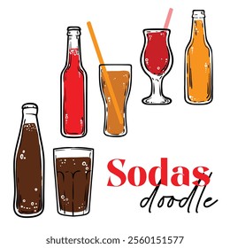 Doodle of soda bottles and glasses. Simple outline of soft fizzy drinks. Vector illustration for online and print design projects. 