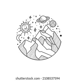 Sistema solar Doodle y boceto dibujado por la mano de montaña 