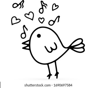 Doodle Song Bird Wirh Note And Heart Icon Isolated On White. Line Art Animal. Spring Kids Hand Drawing. Vector Stock Illustraton