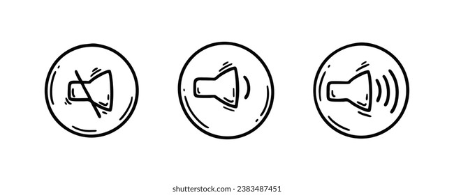 Iconos de sonido Doodle configurados. Silenciar y sonido en el símbolo de modo. Pictograma de boceto del altavoz. Reproducir música, voz, botones de esbozo de regulación de ruido