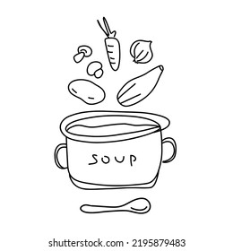 Doodle of soup with vegetables in a pot. Vector illustration hand drawn sketch of soup in a pot isolated on white background