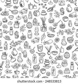 doodle spa elements, seamless background, vector illustration