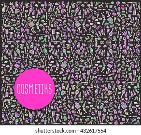 doodle, spa, and self-care  icons. Hand drawn seamless cosmetics logo. Backgrounds with wrapping, wallpapers and textile prints. Vector illustration 