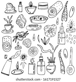 Doodle spa set on white background. Vector cosmetics illustration. Hand-drawn illustration. Oil, lotion, shampoo,stones, candle, cream, buffalo, scarlet, towel,solt.