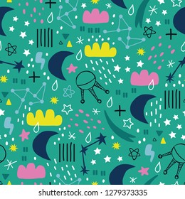 doodle space astronauts pattern. Seamless vector doodle hand drawn pattern with astronauts, planets, stars, spaceships for wallpapers, scrapbooking, web page backgrounds,textile