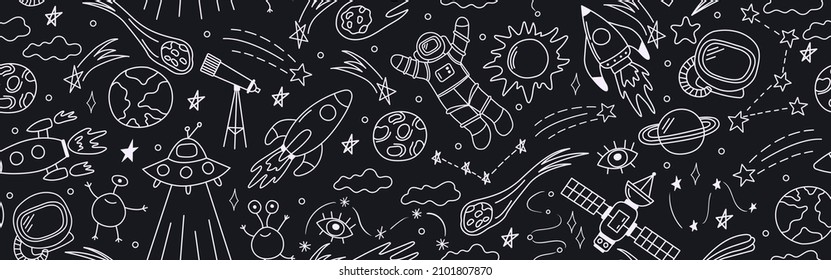 Doodle space banner in childish style. Template with cosmos vector elements such as rocket, astronaut, stars, asteroids, ufo. Sketch seamless pattern of various astronomy objects