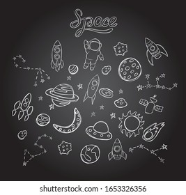 Doodle , space chalk vector design elements isolated on black background . Concept for logo, cards , icon 