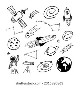 Doodle Space Collection With Constellations, Planets, Astronaut, Meteorites, Rocket.