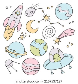 Doodle space collection, planets, ufo, rocket, stars, baby shower