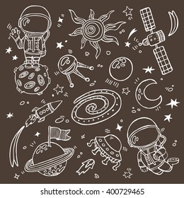 doodle space collection. Set of vector doodle hand drawn outlines astronauts, planets, stars, spaceships for wallpapers, scrapbooking, web page backgrounds,textile