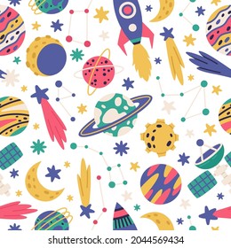 Doodle space cosmic seamless pattern. Space bodies, hand drawn planets, spaceship and stars cartoon vector illustration set. Galaxy cosmic pattern