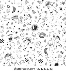 Doodle space cosmonaut line vector seamless pattern.