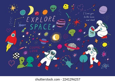 Doodle space cosmonaut vector illustrations set.