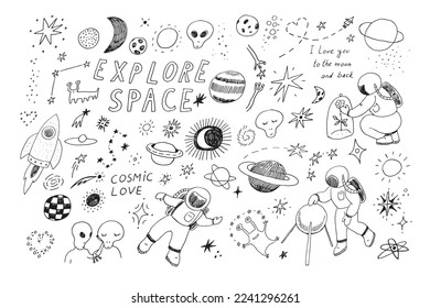 Doodle space cosmonaut vector illustrations set.