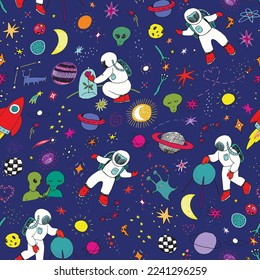 Doodle space cosmonaut vector seamless pattern.