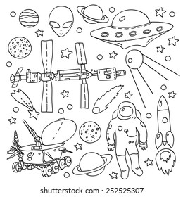 Doodle space elements collection in black and white: ISS, moonwalker, planet, comet, moon, astronaut, alien, UFO. Vector illustration