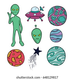 doodle space elements with planets, ufo, alien and star on white background
