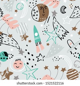 Doodle space elements seamless pattern. Cosmos cute illustration. Vector illustration. Seamless pattern with cartoon space rockets, planets and stars.