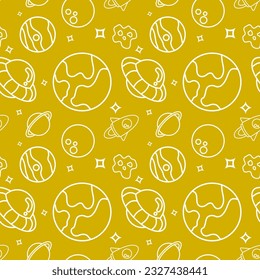 doodle space elements seamless pattern on yellow background. vector abstract illustration.