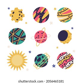 Doodle space galaxy elements. Cute hand drawn planets, space bodies, moon and sun cartoon vector illustration symbols set. Cartoon space objects