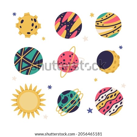 Doodle space galaxy elements. Cute hand drawn planets, space bodies, moon and sun cartoon vector illustration symbols set. Cartoon space objects