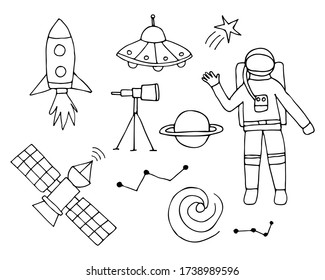 Doodle space icon collection in vector. Cosmic icon collection. Hand drawn space icon set. Set of doodle space icons in vector.