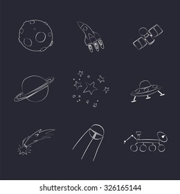 Doodle space icons. Sketch vector icons set