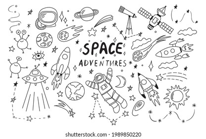 Doodle space illustration in childish style. Set of cosmos vector elements such as rocket, astronaut, stars, asteroids, ufo. Sketch icons of various astronomy objects. Design clipart. Black line print
