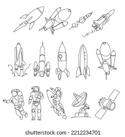 Doodle space illustration in childish style. Set of cosmos vector elements such as rocket, astronaut, stars, asteroids, ufo. Sketch icons of various astronomy objects. Design clipart. Black line print