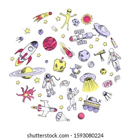 Doodle space objects. Astronaut, spaceship, alien, satellites, universe, rockets, planets, comets, spaceman, stars flying saucers ufo cosmonauts. Hand drawn style