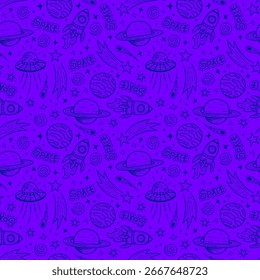 doodle space pattern background. Space background. Seamless pattern with cartoon space rockets, planets, stars. space element seamless pattern background.