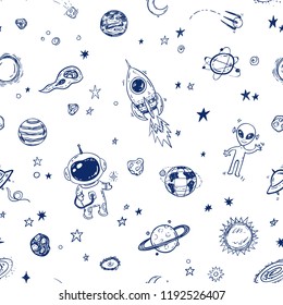 Doodle space pattern, print design with hand drawn astronaut, rocket, planets and stars Doodle space pattern, print design with hand drawn astronaut, rocket, planets and stars