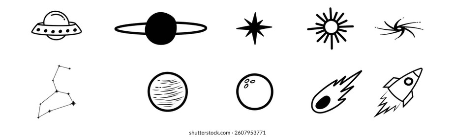 doodle space planet cute hand drawing star black hole, rocket, space ship