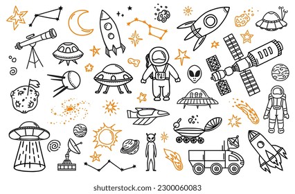 Doodle space planets, astronauts, spaceship, comets and asteroids. Cosmos research, space flight or adventure line vector pictograms. Galaxy discovery background with spacesuit, alien UFO and rover