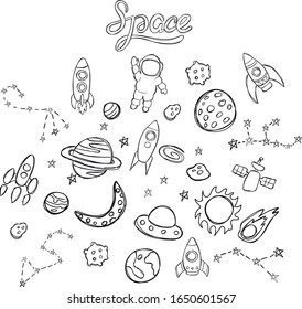 Doodle space, planets, stars vector isolated set on white background. Concept for print, cards, logo, icon 