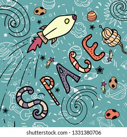 Doodle space rocket and other galactic elements. Set of rocket, satellite, stars, comets and meteors on a blue background with a linear pattern of planets. The science. - Vector illustration