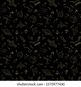 Doodle space seamless pattern. Gold outline cosmic objects on black background. Vecctor illustartion.