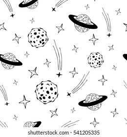Doodle space seamless pattern with planets and stars