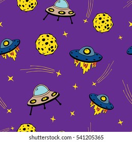 Doodle space seamless pattern with planets and stars