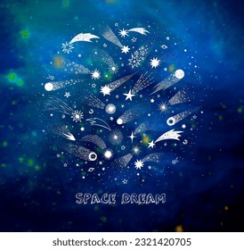 Doodle space and shooting stars in circle on night sky background. Vector sketch illustration.