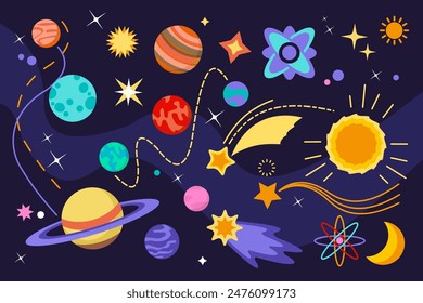 Doodle space. Stars and planets. Astronomy science and discovery. Galaxy comets. Psychedelic alien rocket. Flying asteroids. Future technology. Universe background. Vector solar system elements set