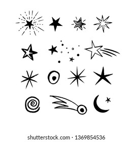 Doodle Space stars set with cosmic objects. Many cute hand drawn stars on white background. Vector illustration for print, textile, paper  