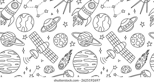 Doodle space vector seamless pattern. Rocket, planet, stars, Satellite and meteorite pattern