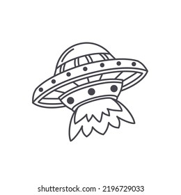 Doodle spaceship. Cartoon exploration spacecraft. Hand drawn celestial outline icon. Vector illustration isolated on white background