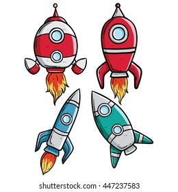 Doodle spaceship or rocket collection on white background