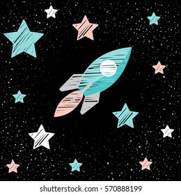 Doodle spaceship and star. Vector cartoon childish space illustration with pink, white and blue stars and spaceship isolated on black open space background