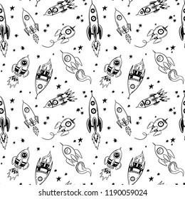 Doodle spaceship and stars pattern, Hand drawn, sketch seamless space fashion print.
