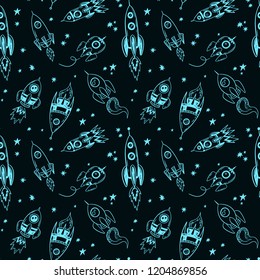 Doodle Spaceship And Stars Pattern, Hand Drawn, Sketch Seamless Space Rocket Print.